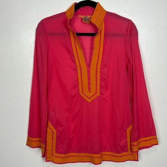 Tory Burch Tops - Tory Burch Claudia Long Sleeve Orange Trim Tunic Top In Pink Size 4